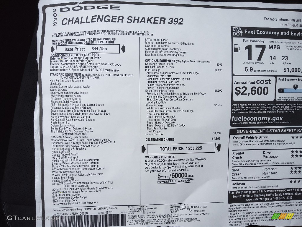 2022 Dodge Challenger R/T Scat Pack Shaker Window Sticker Photo #143875187