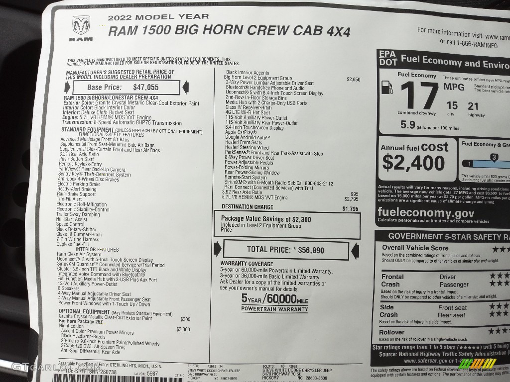 2022 Ram 1500 Big Horn Night Edition Crew Cab 4x4 Window Sticker Photo #143878185