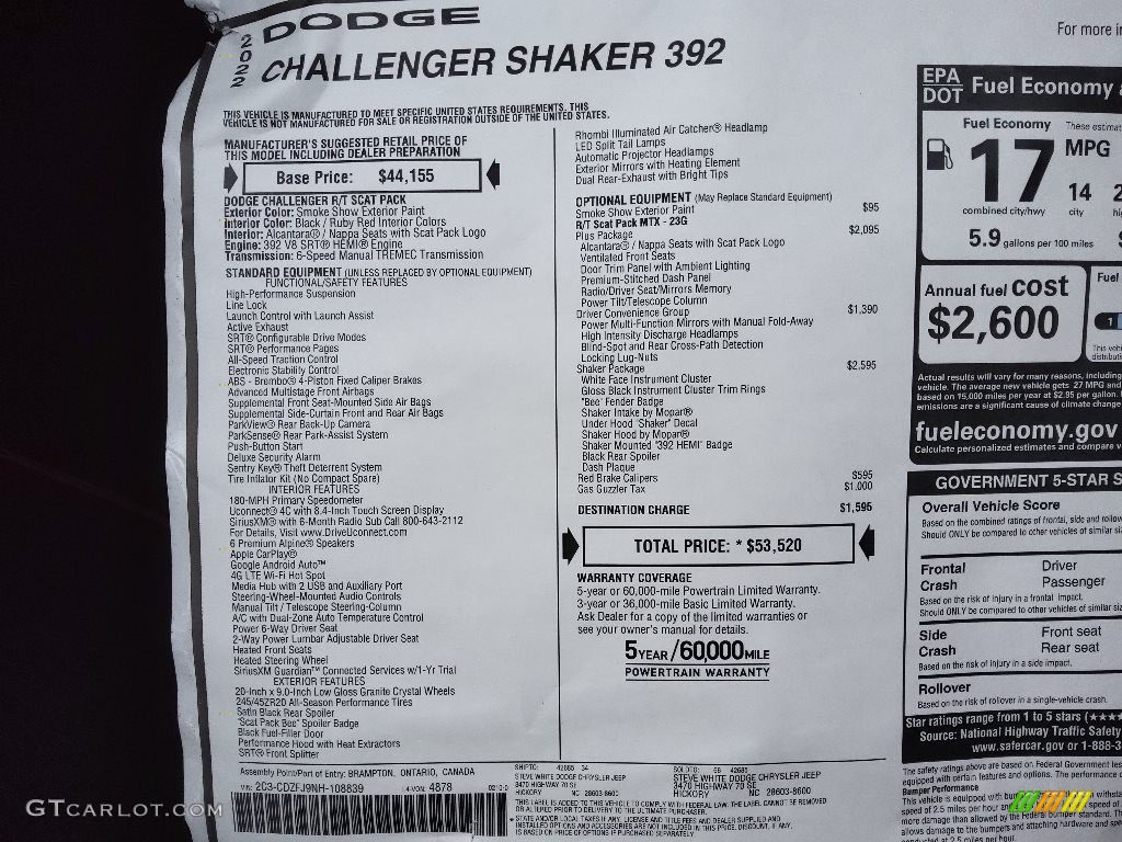2022 Dodge Challenger R/T Scat Pack Shaker Window Sticker Photo #143881154