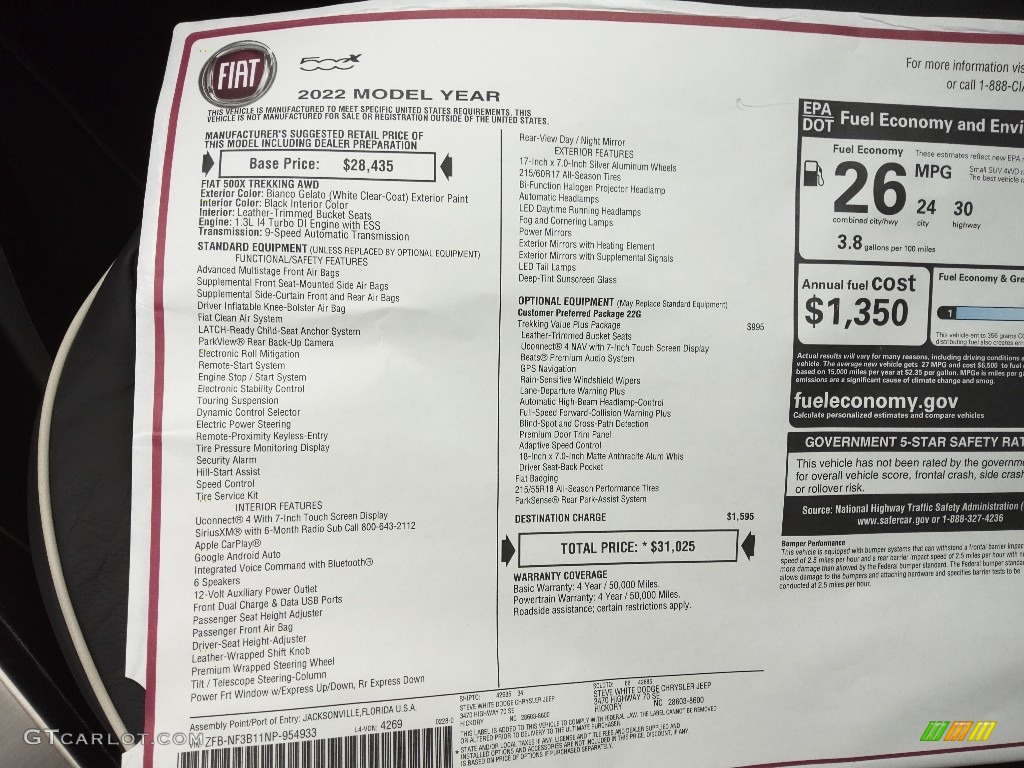 2022 Fiat 500X Trekking AWD Window Sticker Photo #143886057