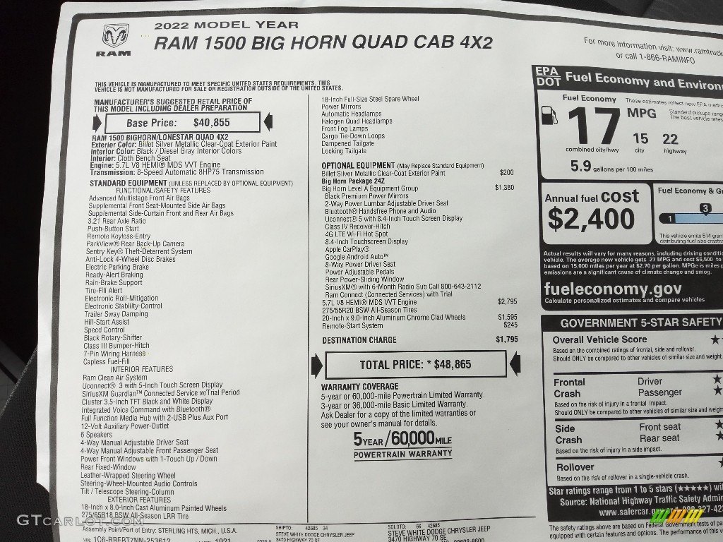 2022 Ram 1500 Big Horn Quad Cab Window Sticker Photo #143886930