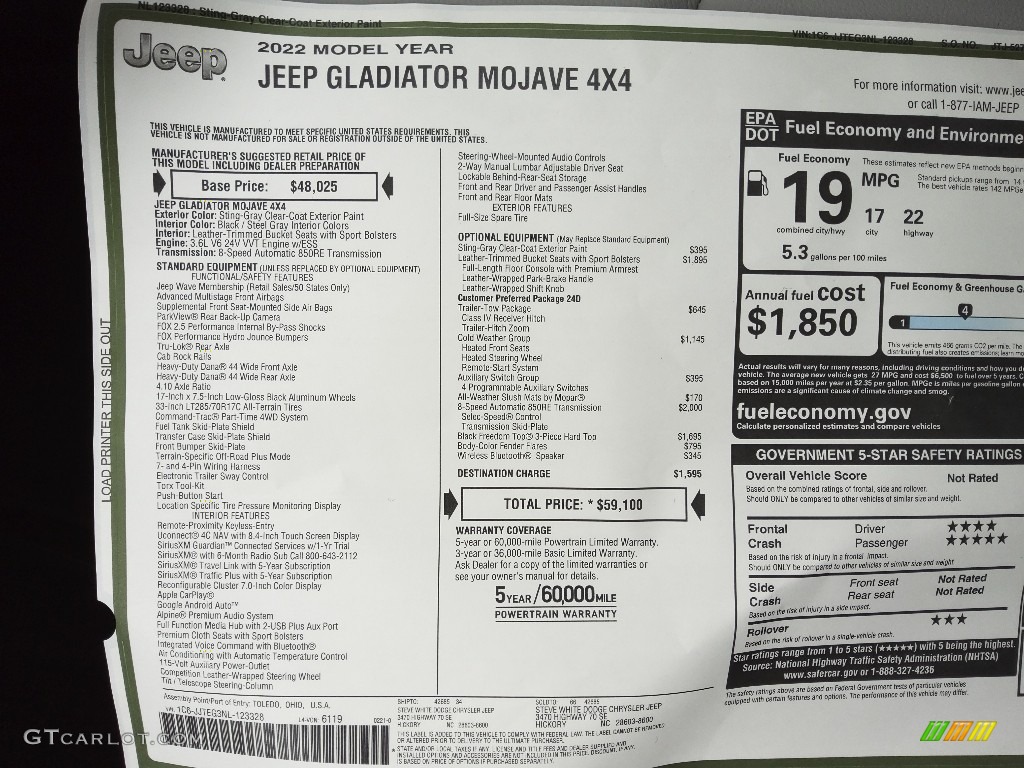 2022 Jeep Gladiator Mojave 4x4 Window Sticker Photo #143887914