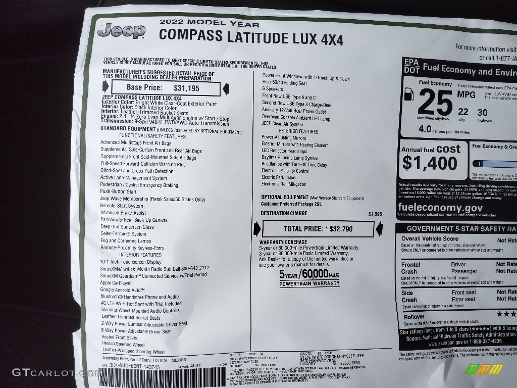 2022 Jeep Compass Latitude Lux 4x4 Window Sticker Photo #143890956