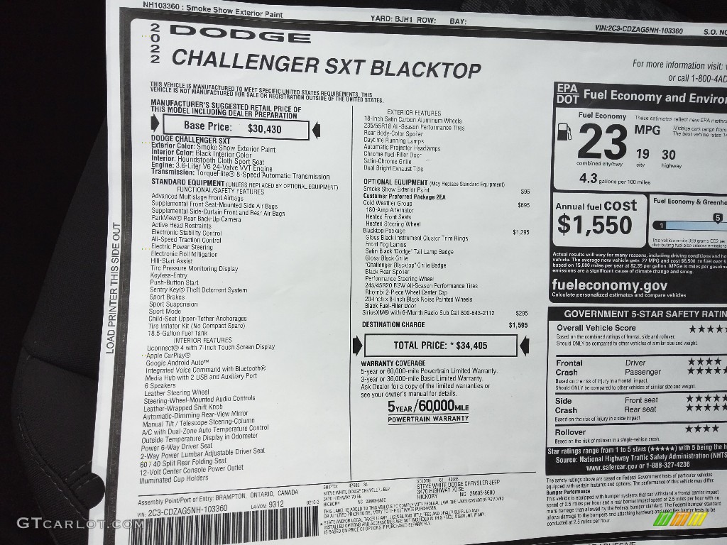 2022 Dodge Challenger SXT Blacktop Window Sticker Photos