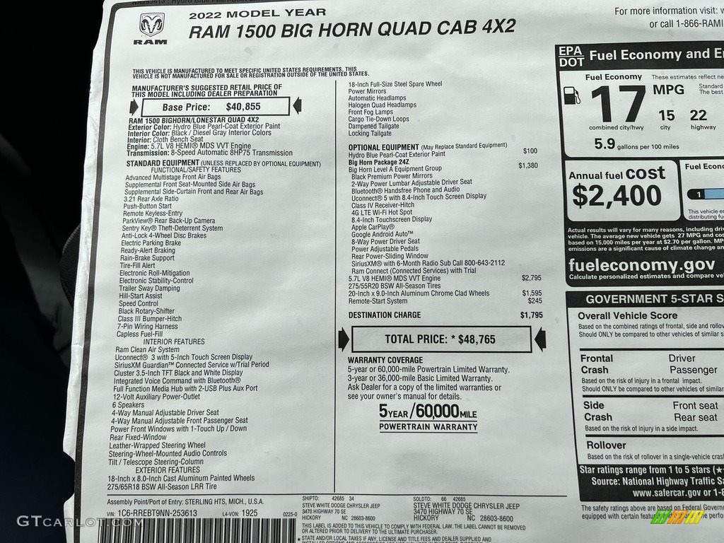 2022 Ram 1500 Big Horn Quad Cab Window Sticker Photo #143922278