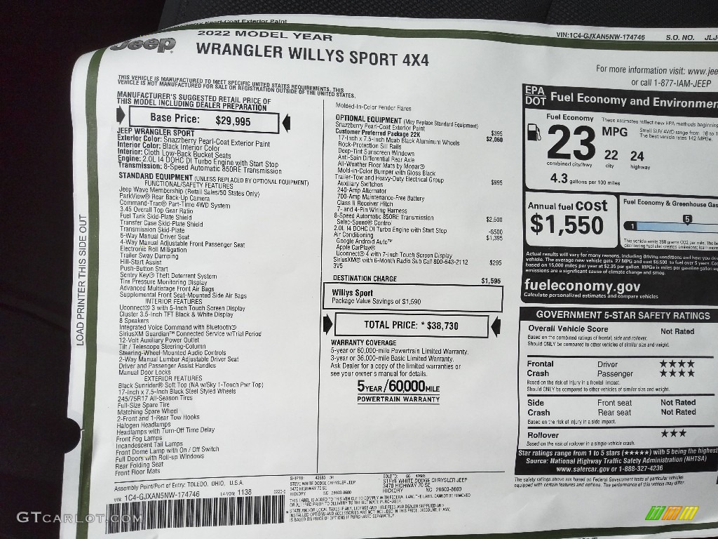 2022 Jeep Wrangler Willys 4x4 Window Sticker Photo #143938374