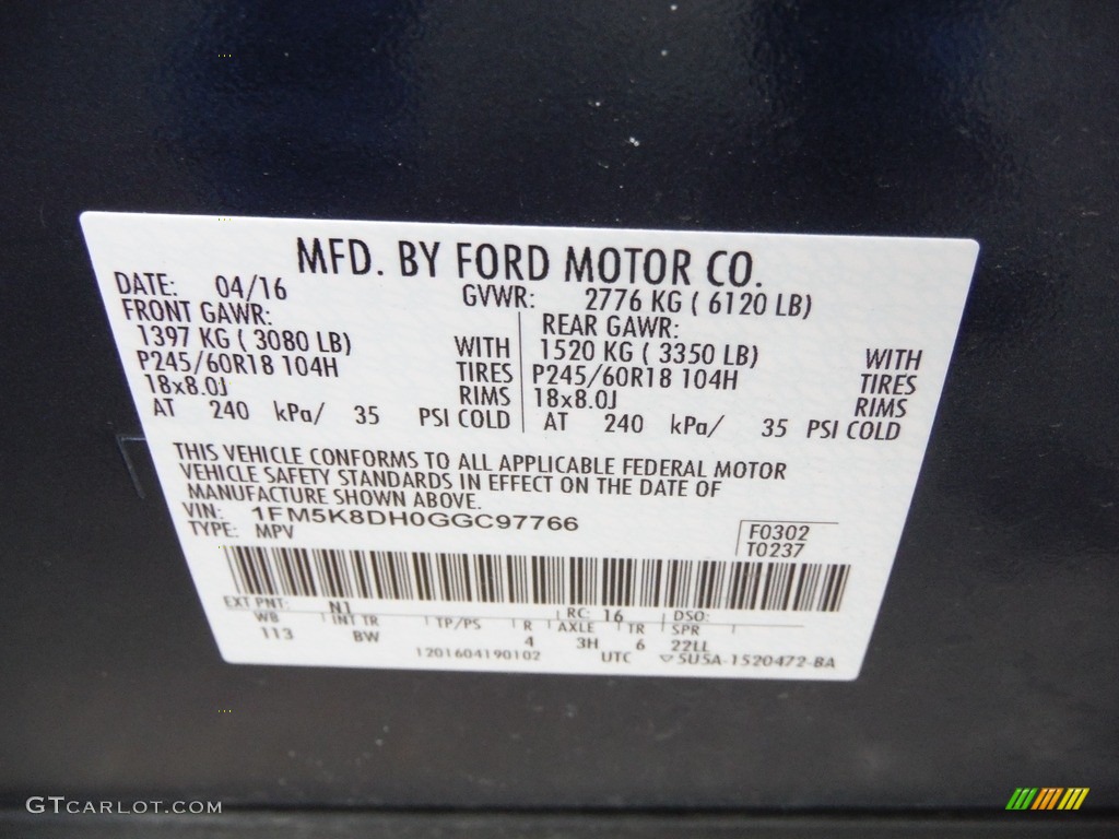 2016 Ford Explorer XLT 4WD Color Code Photos
