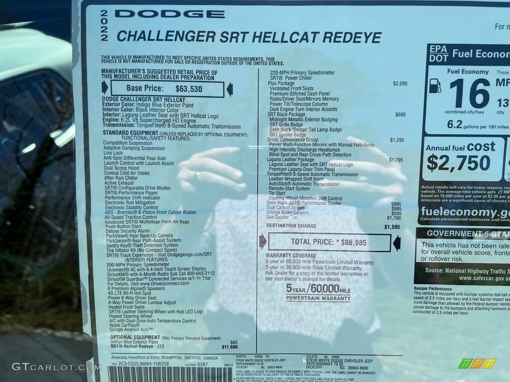 2022 Dodge Challenger SRT Hellcat Redeye Window Sticker Photo #143953151