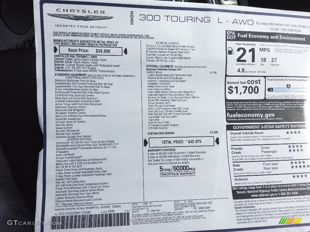 2022 Chrysler 300 Touring L AWD Window Sticker Photo #143954637