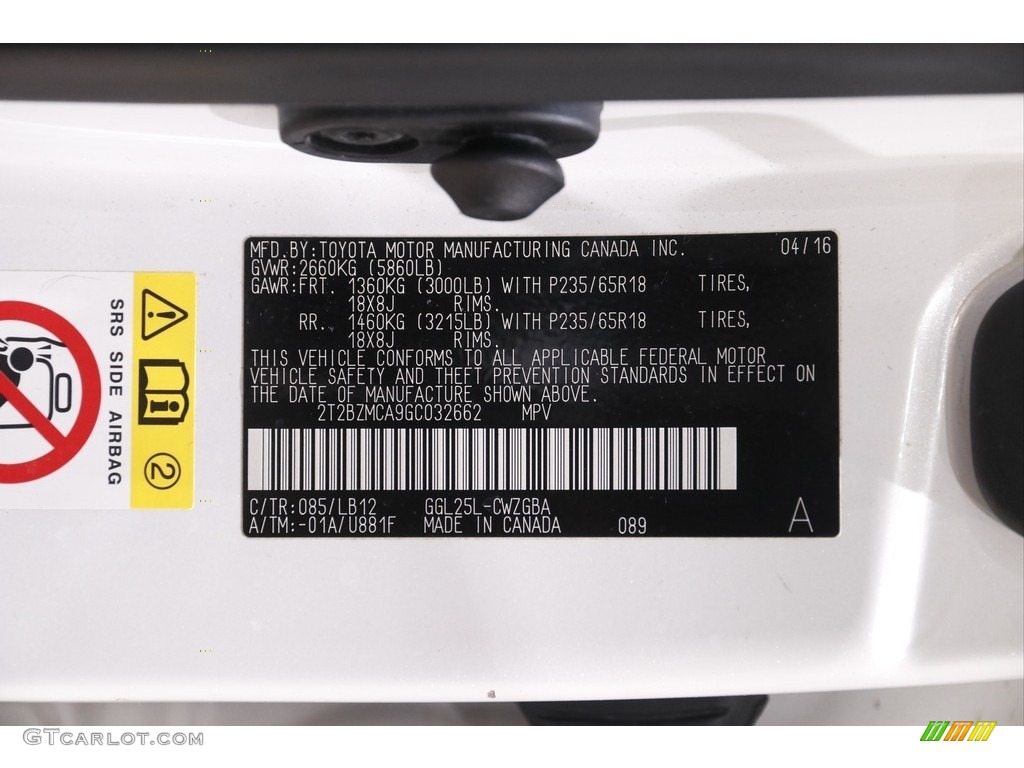 2016 RX Color Code 085 for Eminent White Pearl Photo #143958662