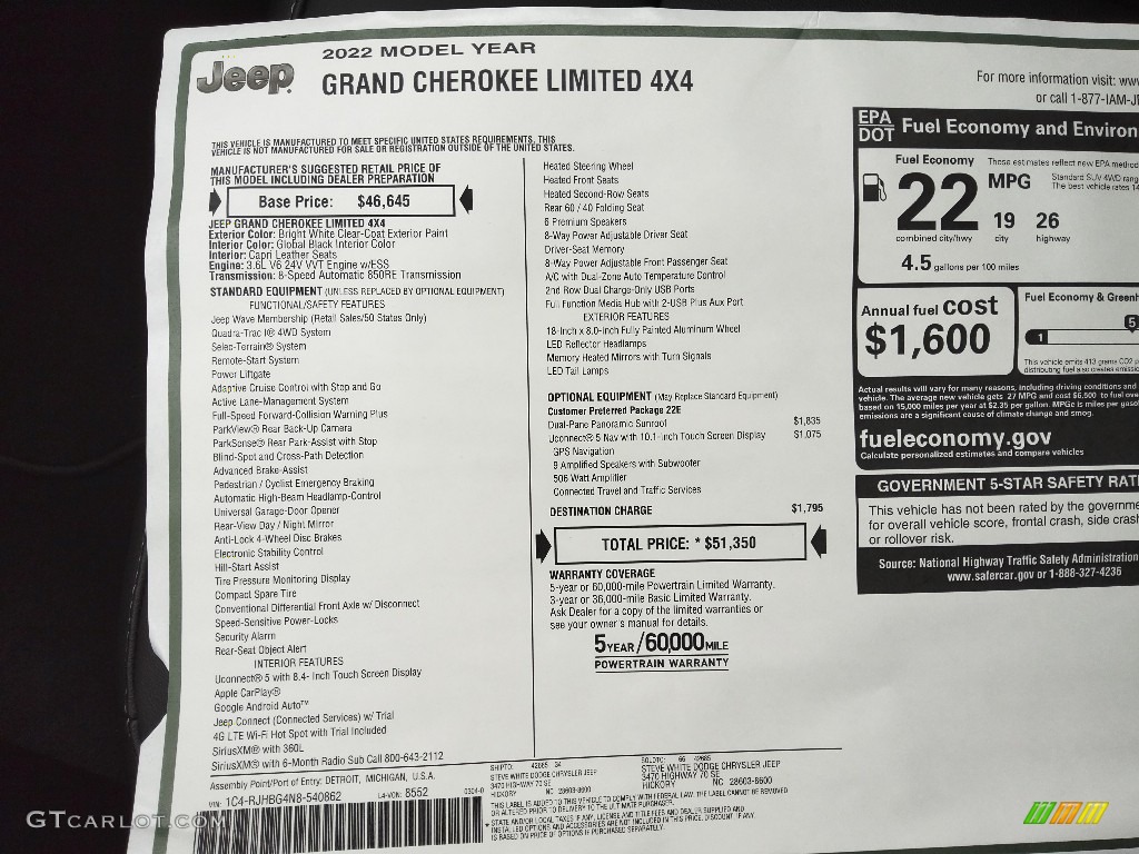2022 Jeep Grand Cherokee Limited 4x4 Window Sticker Photo #143971259