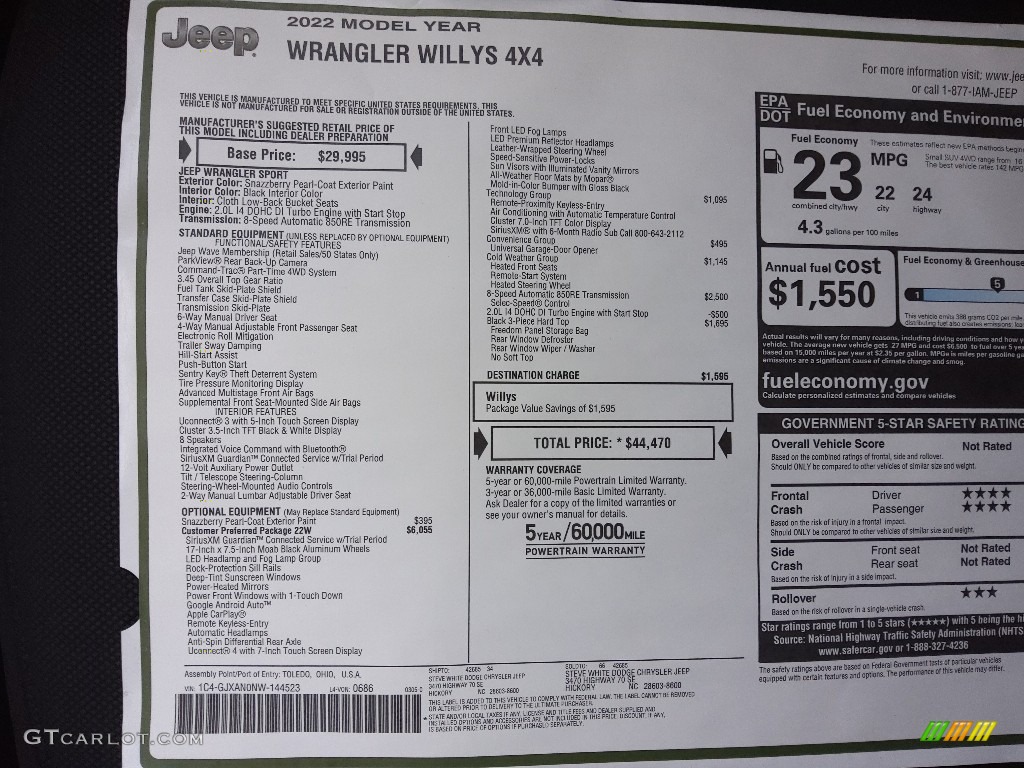 2022 Jeep Wrangler Willys 4x4 Window Sticker Photo #143973904