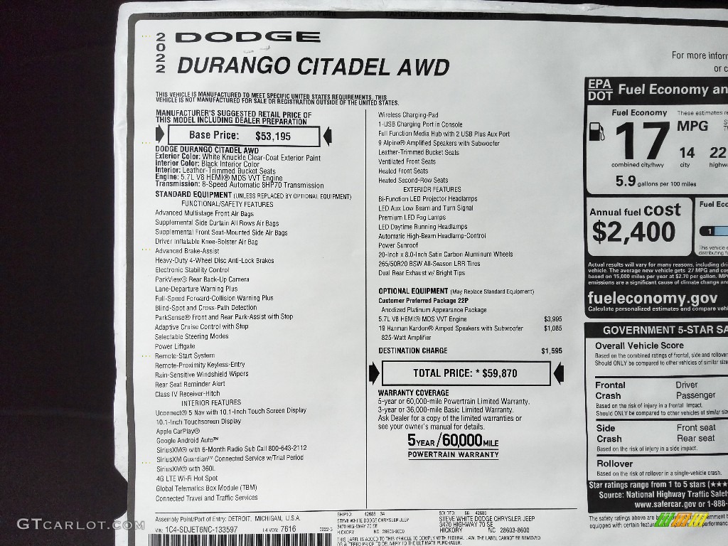 2022 Dodge Durango Citadel AWD Window Sticker Photo #143975515