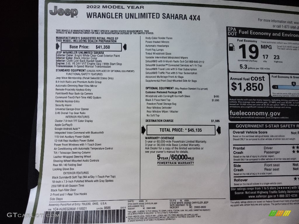 2022 Jeep Wrangler Unlimited Sahara 4x4 Window Sticker Photo #143983308
