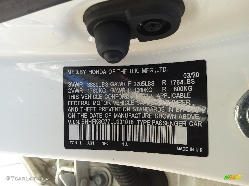2020 Civic Color Code NH0 for Championship White Photo #144006492