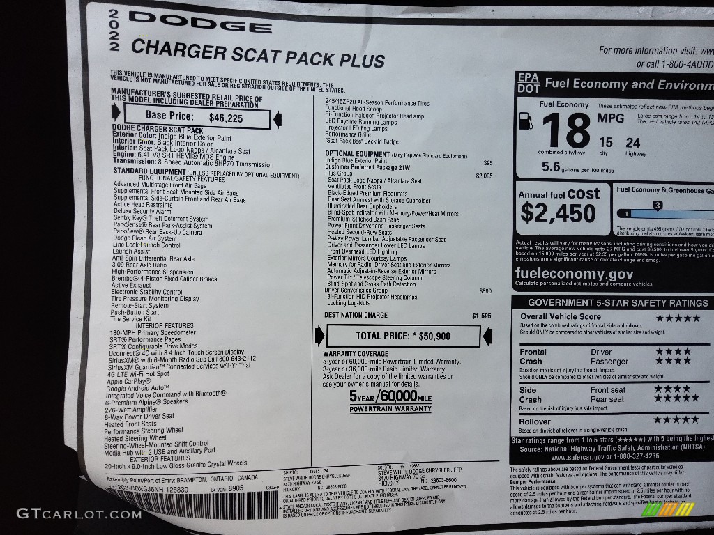 2022 Dodge Charger Scat Pack Plus Window Sticker Photo #144008598