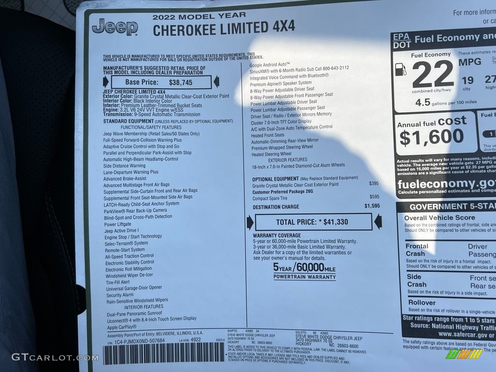 2022 Jeep Cherokee Limited 4x4 Window Sticker Photos