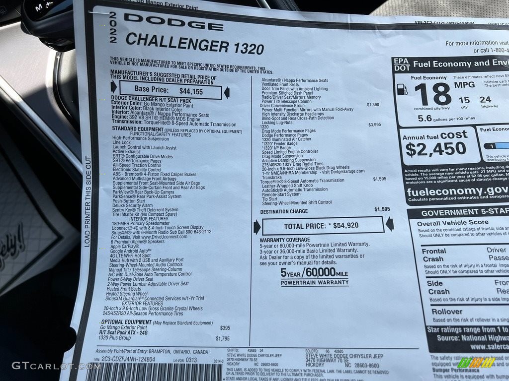 2022 Dodge Challenger 1320 Window Sticker Photo #144016865