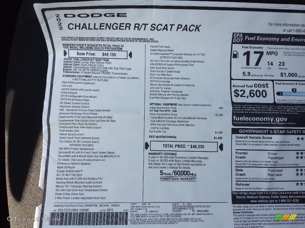 2022 Dodge Challenger R/T Scat Pack Window Sticker Photo #144023590