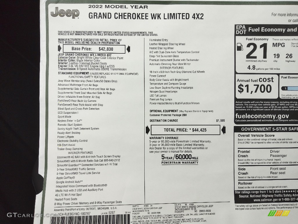 2022 Jeep Grand Cherokee Limited Window Sticker Photos