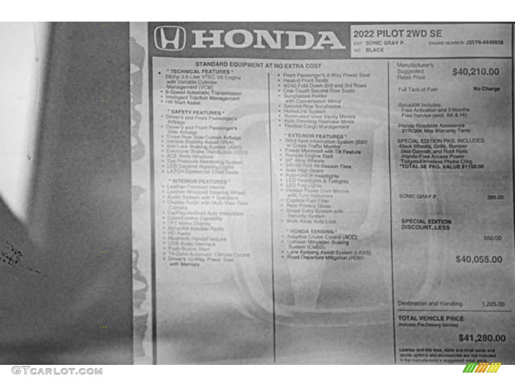2022 Honda Pilot Special Edition Window Sticker Photo 144038266