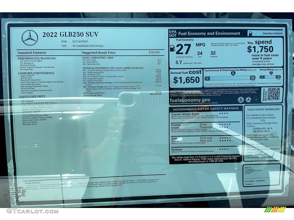 2022 Mercedes-Benz GLB 250 Window Sticker Photo #144038566