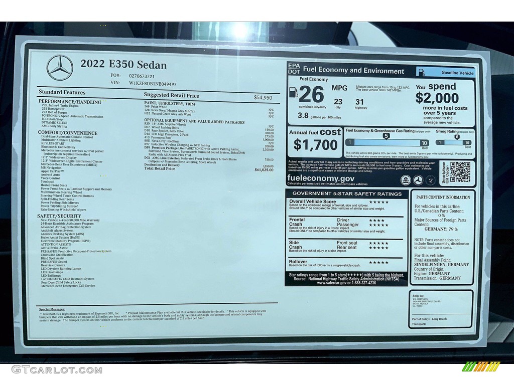2022 Mercedes-Benz E 350 Sedan Window Sticker Photo #144039322
