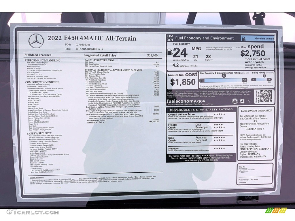 2022 Mercedes-Benz E 450 4Matic All-Terrain Wagon Window Sticker Photo #144039547