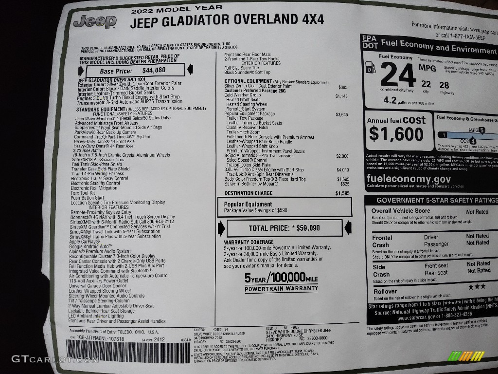 2022 Jeep Gladiator Overland 4x4 Window Sticker Photos