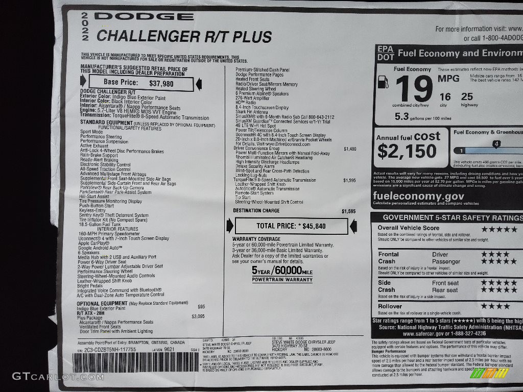 2022 Dodge Challenger R/T Window Sticker Photo #144046915