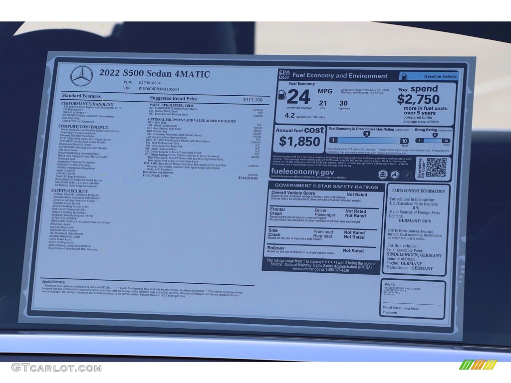 2022 Mercedes-Benz S 500 4Matic Sedan Window Sticker Photo #144053192