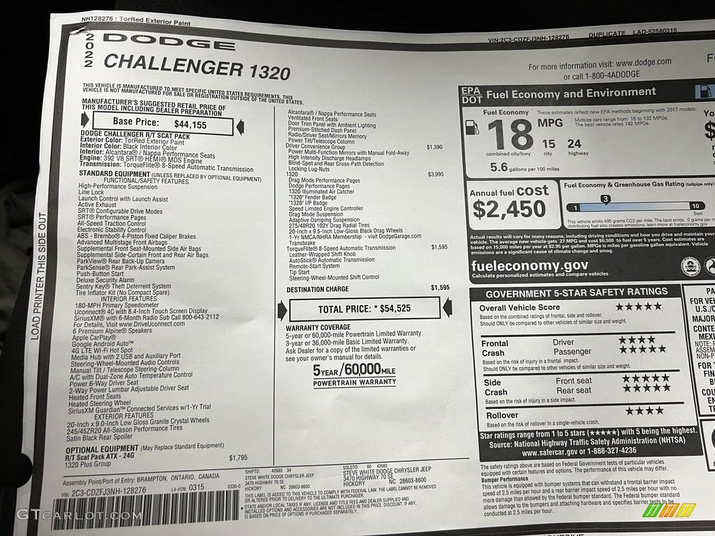 2022 Dodge Challenger 1320 Window Sticker Photo #144070727