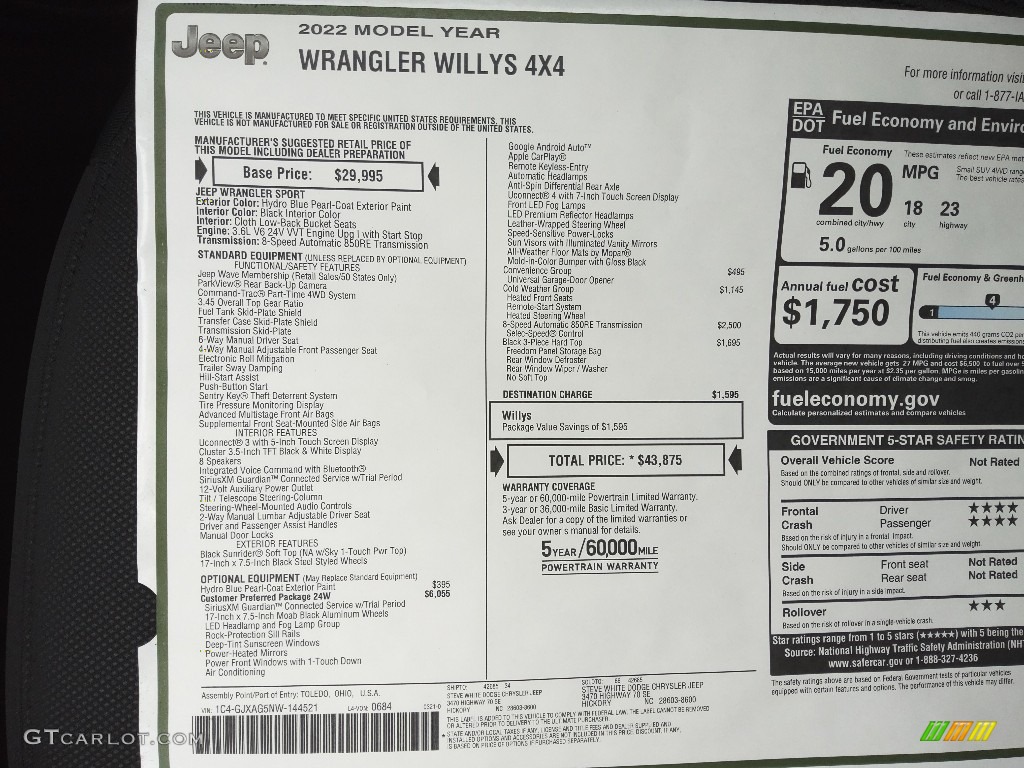 2022 Jeep Wrangler Willys 4x4 Window Sticker Photo #144071642