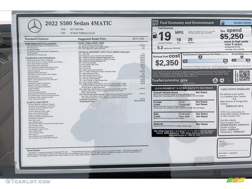 2022 Mercedes-Benz S 580 4Matic Sedan Window Sticker Photo #144078620