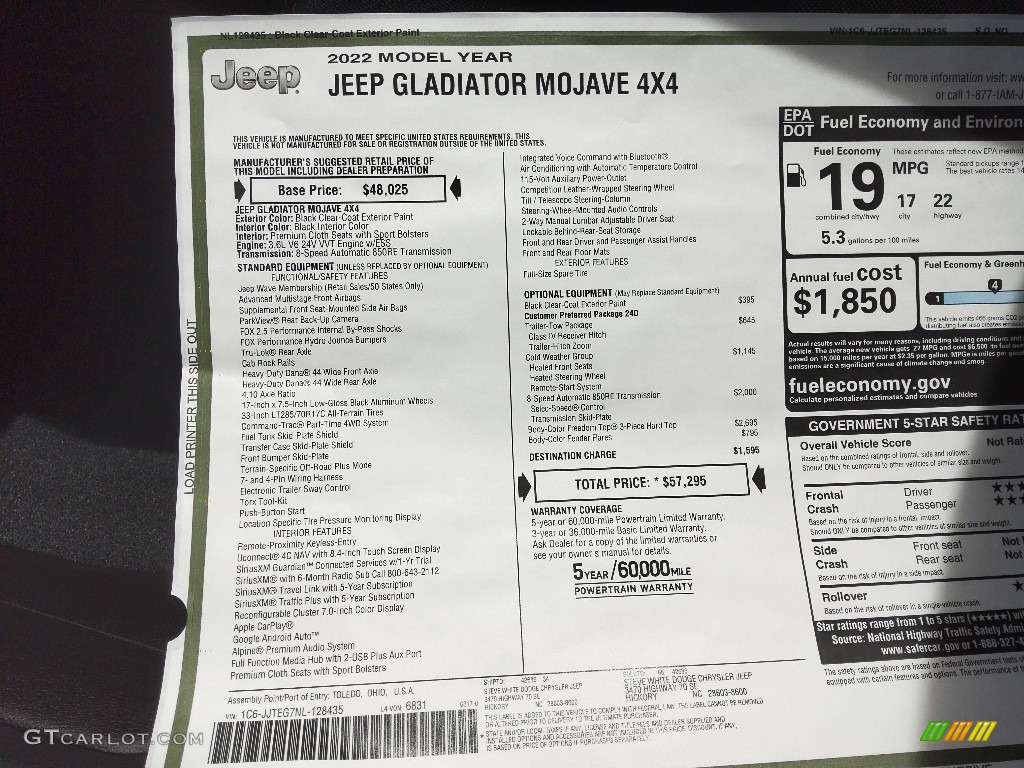 2022 Jeep Gladiator Mojave 4x4 Window Sticker Photo #144080885