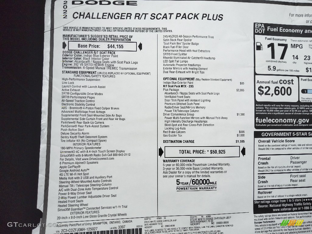 2022 Dodge Challenger R/T Scat Pack Window Sticker Photo #144082502
