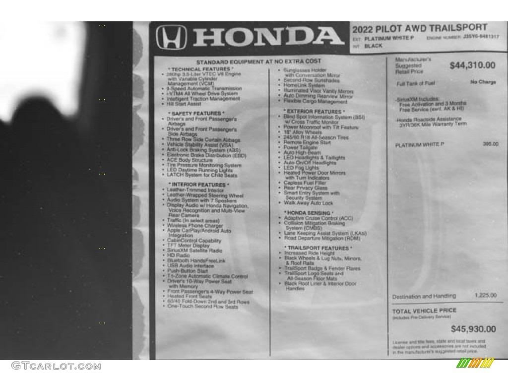 2022 Honda Pilot TrailSport AWD Window Sticker Photo #144098012