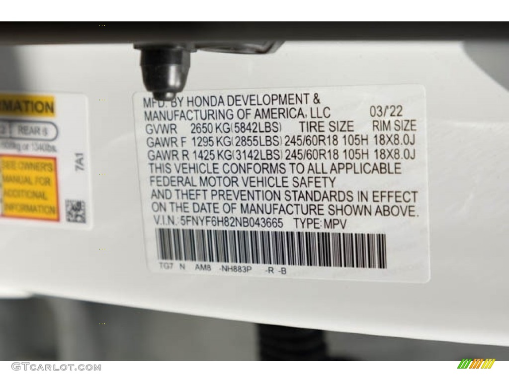 2022 Pilot Color Code NH883P for Platinum White Pearl Photo #144098039