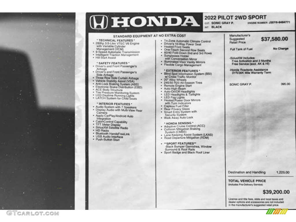 2022 Honda Pilot Sport Window Sticker Photo #144098705