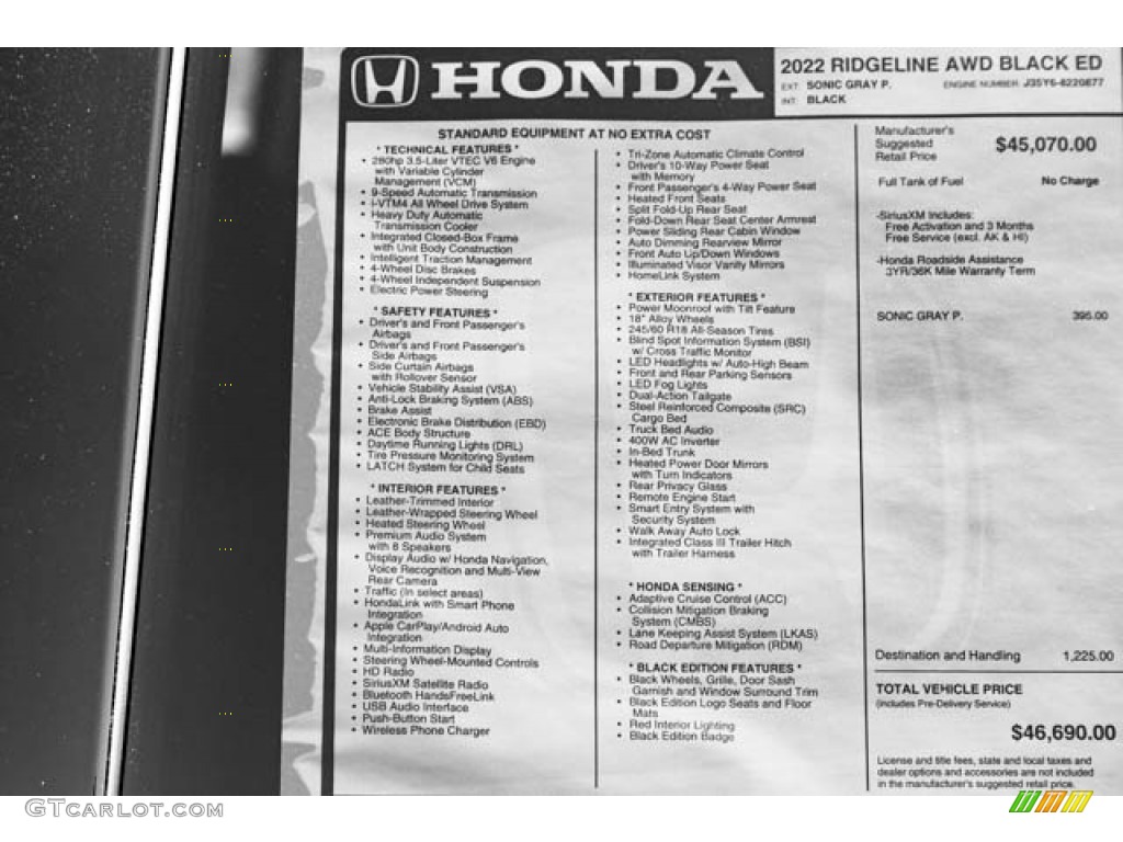 2022 Honda Ridgeline Black Edition AWD Window Sticker Photos
