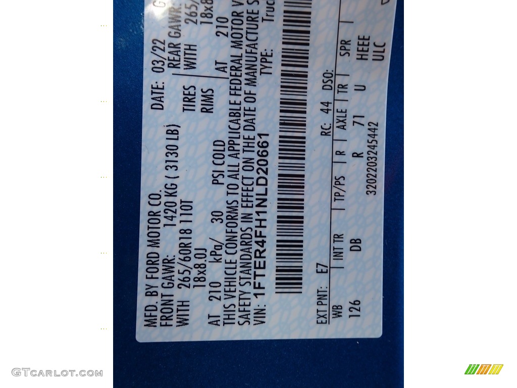 2022 Ranger Color Code E7 for Velocity Blue Metallic Photo #144122268