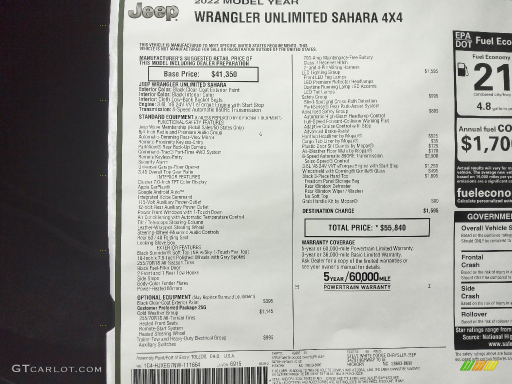 2022 Jeep Wrangler Unlimited Sahara 4x4 Window Sticker Photos