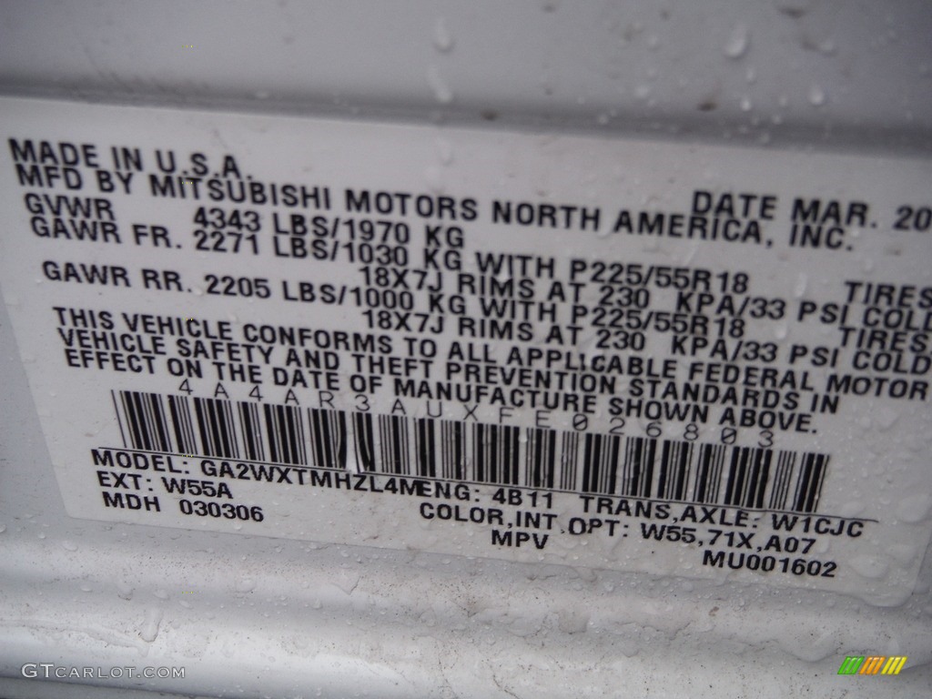2015 Outlander Sport Color Code W55 for White Photo #144129791