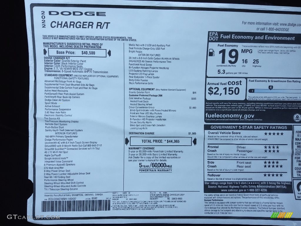 2022 Dodge Charger R/T Window Sticker Photo #144141564