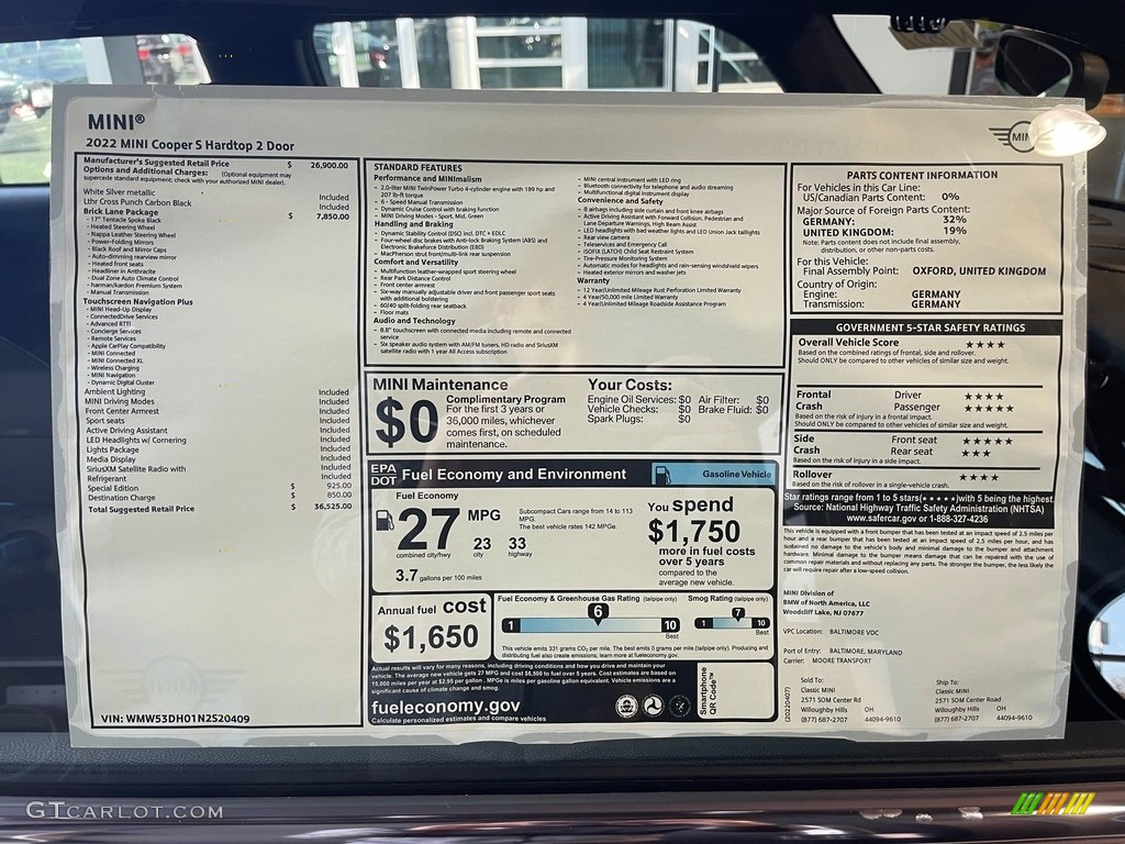 2022 Mini Hardtop Cooper S 2 Door Bricklane Edition Window Sticker Photo #144142458
