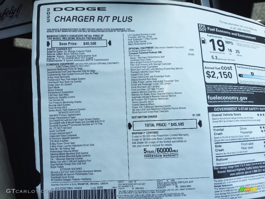 2022 Dodge Charger R/T Plus Window Sticker Photo #144149283
