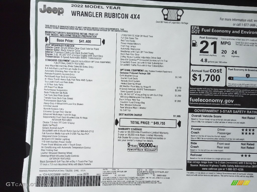 2022 Jeep Wrangler Rubicon 4x4 Window Sticker Photo #144155521