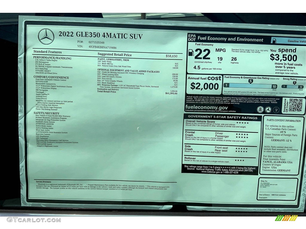 2022 Mercedes-Benz GLE 350 4Matic Window Sticker Photo #144155932