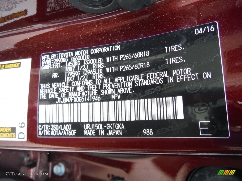 2016 Lexus GX 460 Premium Color Code Photos