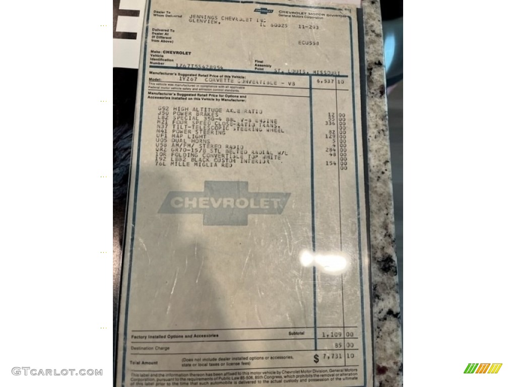 1975 Chevrolet Corvette Stingray Convertible Window Sticker Photo #144159975